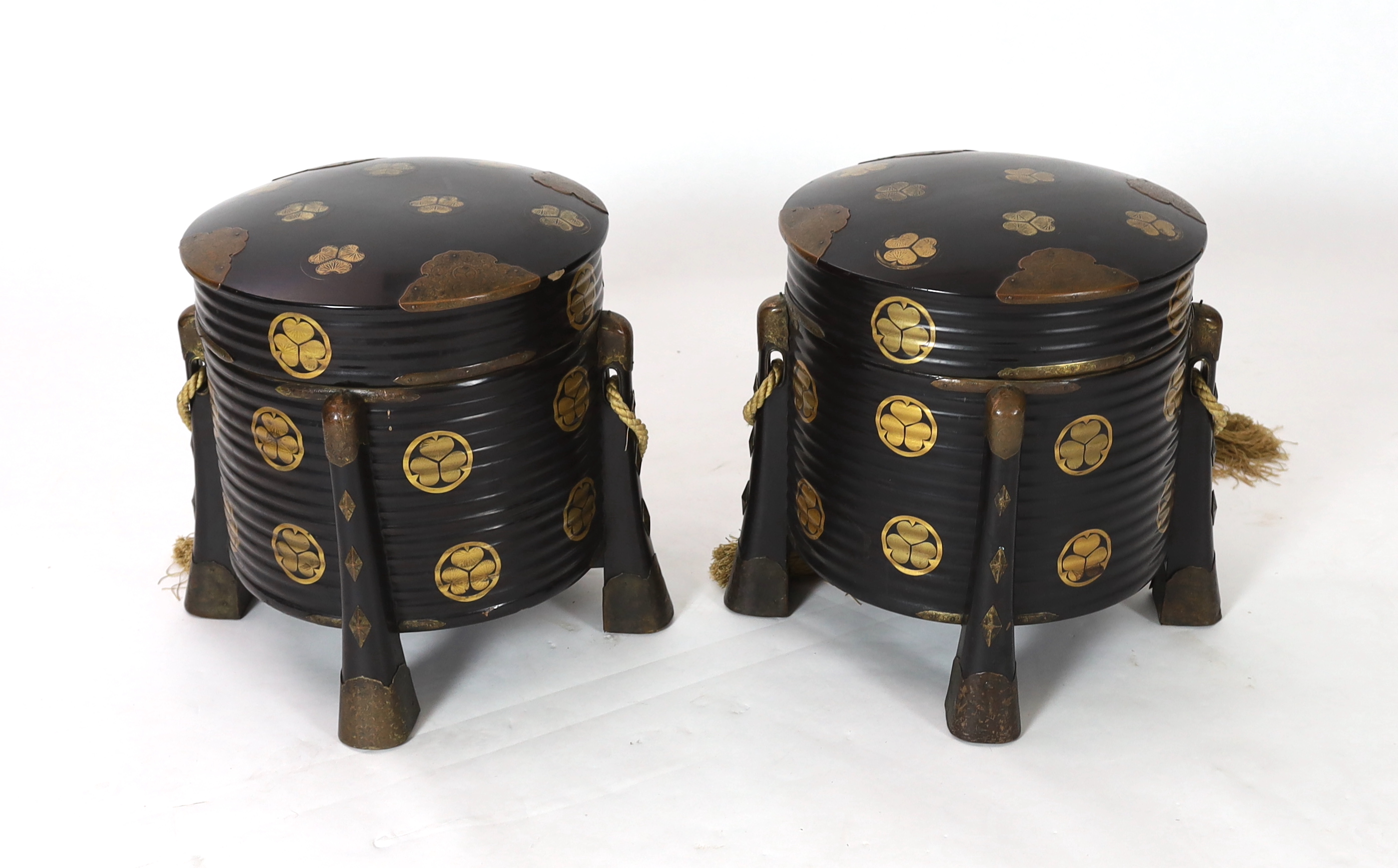 A pair of large Japanese black lacquer circular boxes and covers, Hokkai Bako, 19th century